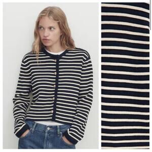 Massimo Dutti Navy Striped Nautical Button Down Cardigan Small
